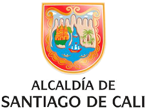 La imagen muestra el escudo oficial de Santiago de Cali, con un escudo con un castillo, palmeras, agua y barcos. Debajo del escudo aparece el texto "Alcaldía de Santiago de Cali", que representa esfuerzos como la estabilización de ladera en el sector Juanambú.