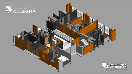 Plano en 3D de un apartamento moderno en Justo Sierra 2073, con varias habitaciones, paredes marrones y grises, muebles y espacios separados; los logotipos de Allegra y Consulting & Construction aparecen en las esquinas.
