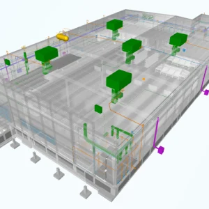 Modelo 3D de estructura alámbrica del interior de un edificio en el que se muestran los sistemas mecánicos, los conductos y los equipos dentro de un gemelo digital en construcción.