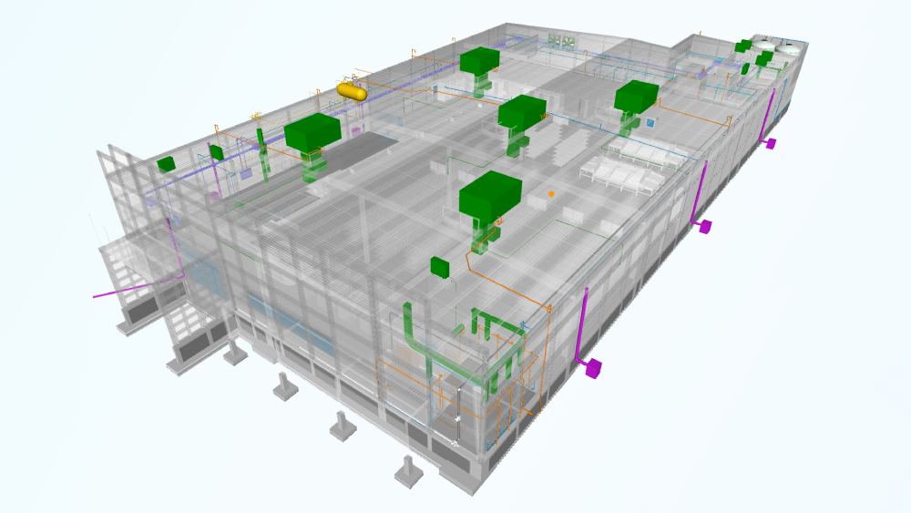 Modelo 3D de estructura alámbrica del interior de un edificio en el que se muestran los sistemas mecánicos, los conductos y los equipos dentro de un gemelo digital en construcción.