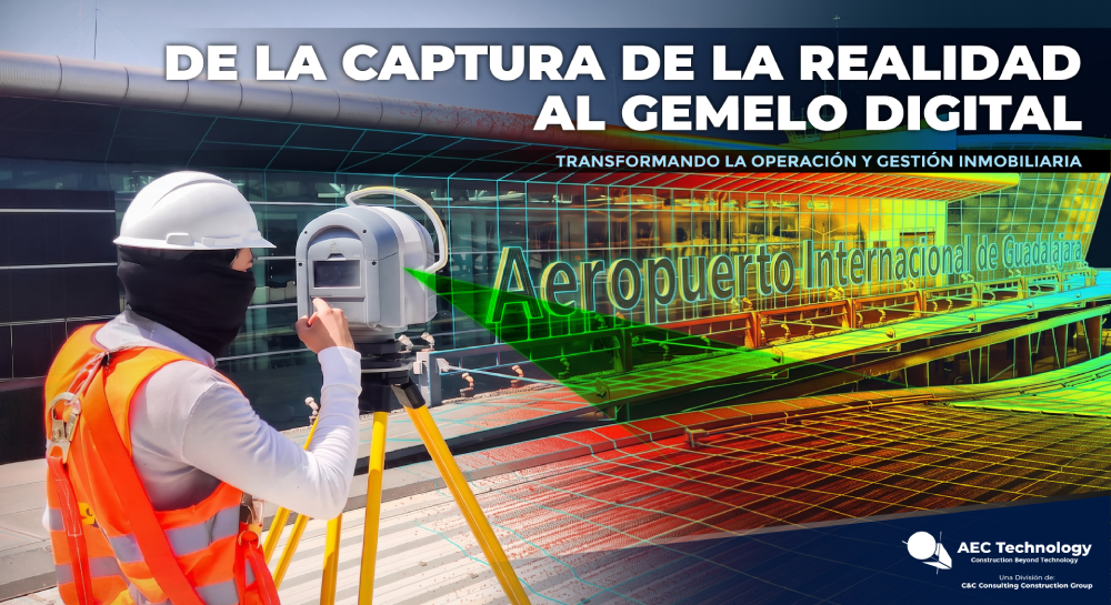 Un topógrafo, con casco y chaleco de seguridad, utiliza un escáner láser 3D en el Aeropuerto Internacional de Guadalajara para la captura de la realidad, con el texto DE LA CAPTURA DE LA REALIDAD AL GEMELO DIGITAL que aparece encima.