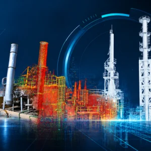 Una representación digital de un complejo industrial de refinería, mostrada en estilos arquitectónicos realistas y de estructura alámbrica, que ilustra el ciclo de vida del sector AEC.